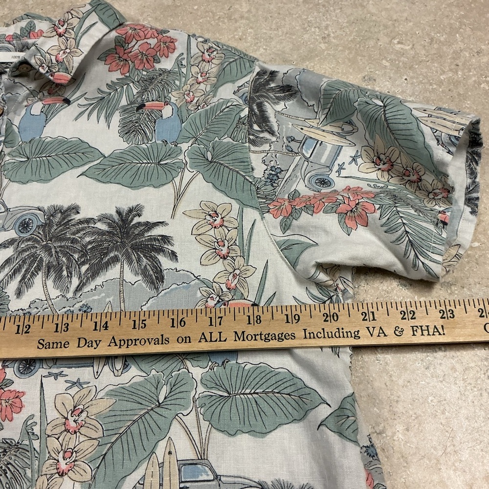 C&C California 100% Linen SZ M Tropical Floral Bird Button Up Top Vacation Beach - Picture 5 of 7